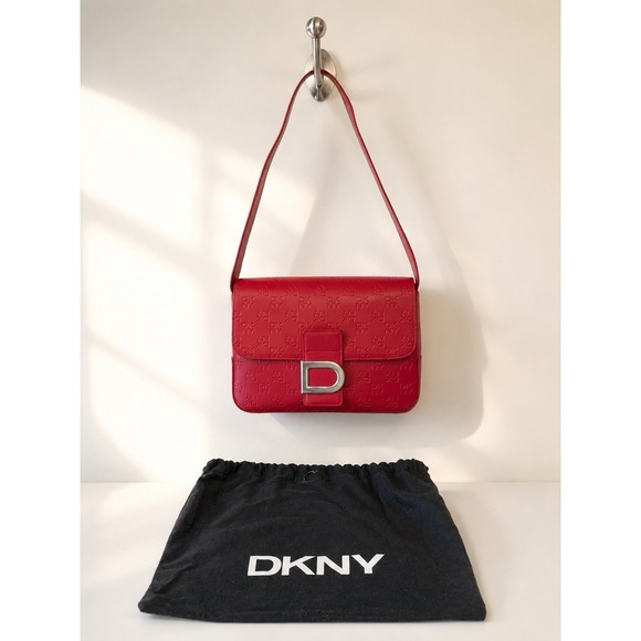 Dkny Handbags - Vtg DKNY Logo Red Leather Small Shoulder Bag Purse Y2K Academia W/ Dust Bag